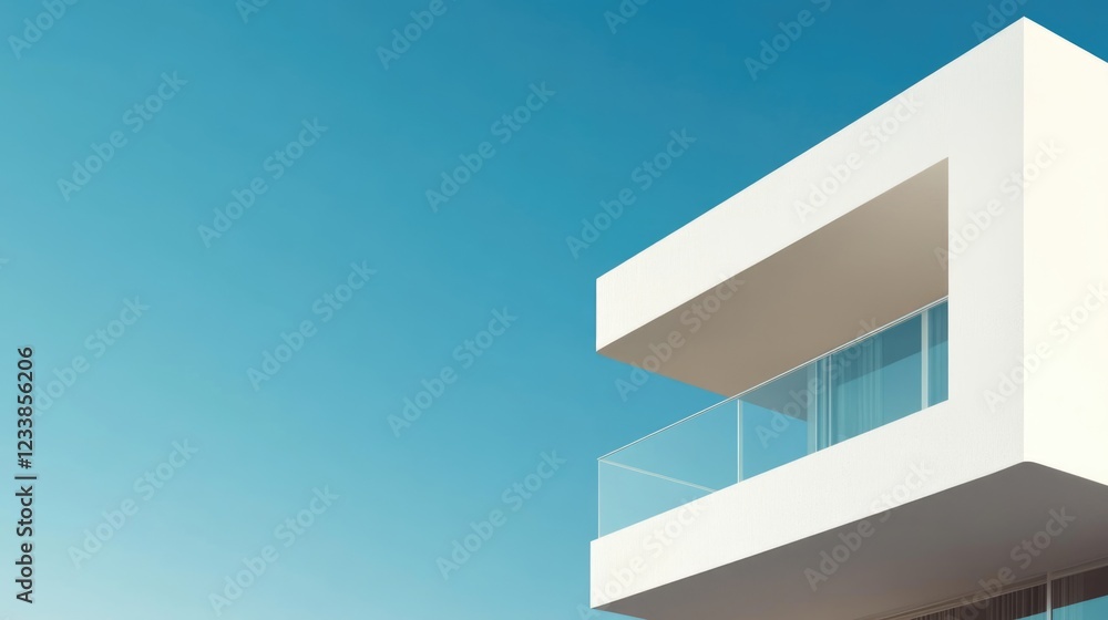 Poster modern residential complex with minimalist architecture against a clear blue sky and ample empty spa