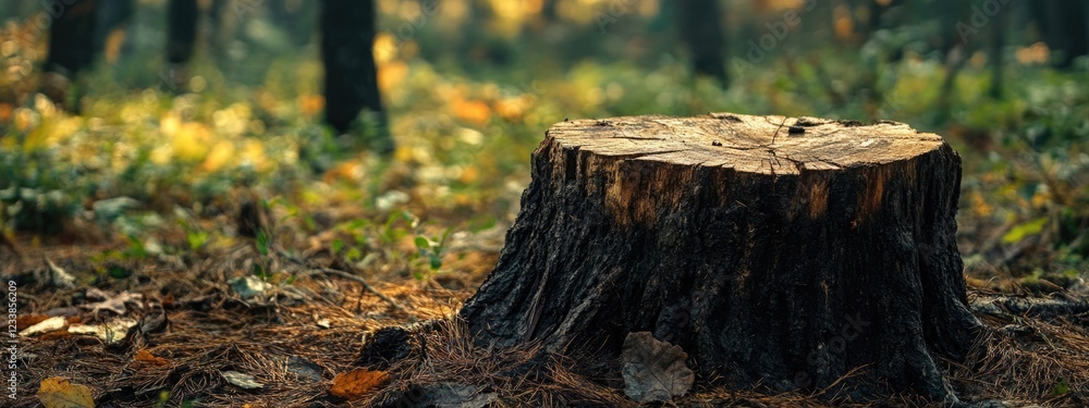 Poster weathered tree stump surrounded by lush forest floor with natural light and copy space for text in r