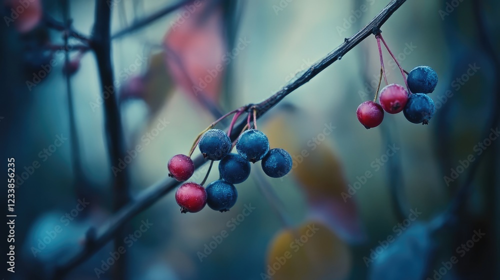 Poster colorful wild berries on tree branch in deep focus with soft background nature elements