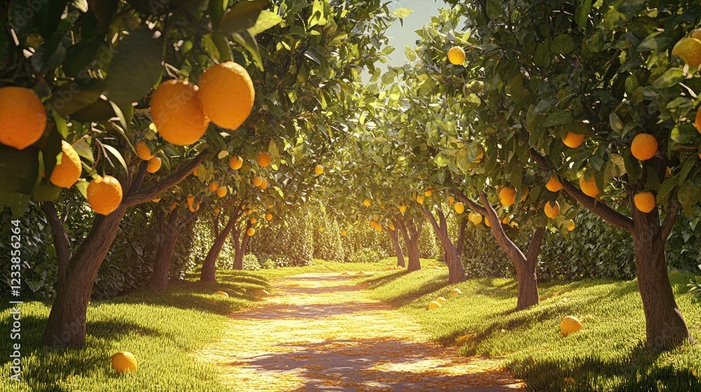 Poster citrus grove pathway surrounded by lush trees and ripe oranges in bright sunlight