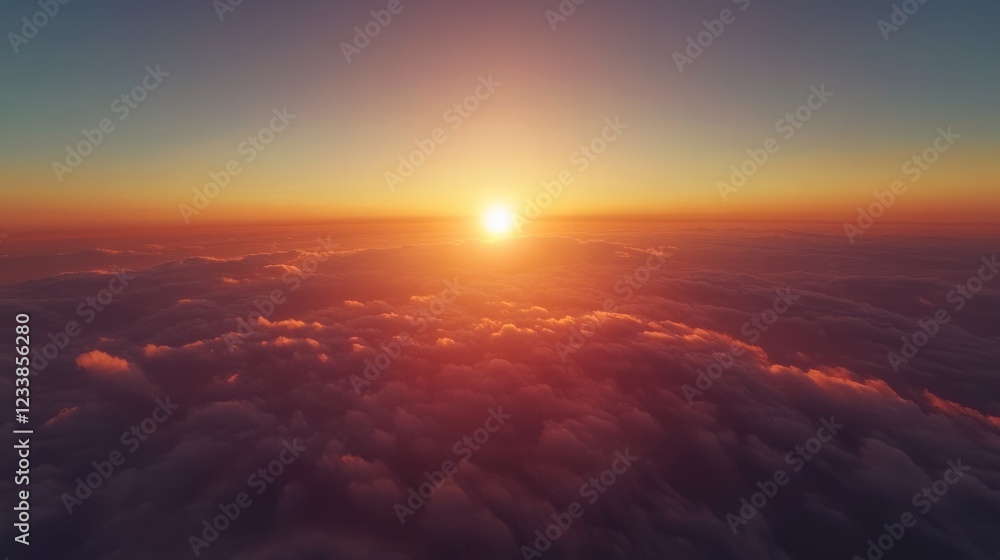 Poster Stunning aerial view of a sunrise above the clouds with vibrant colors and empty space for text or branding elements on the horizon