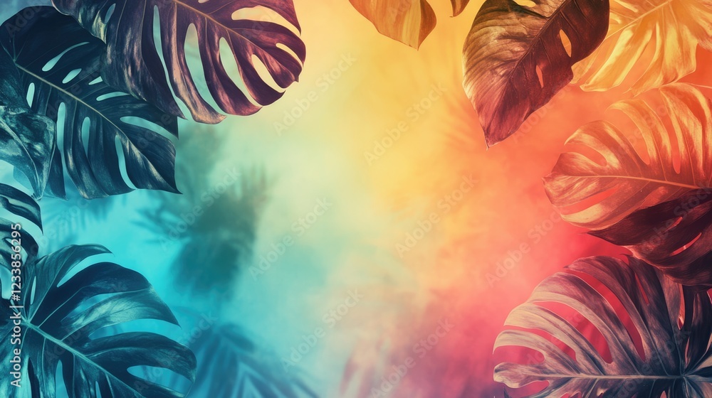 Poster Tropical Monstera Leaves on a Colorful Background with Empty Space for Text and Design Elements
