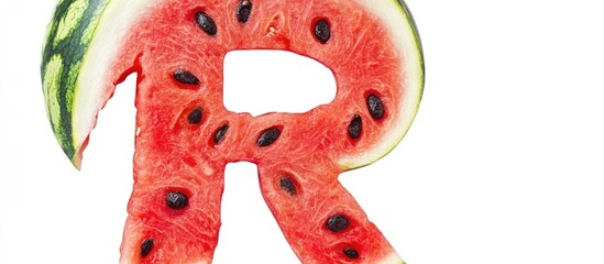 Watermelon letter R with seeds and rind isolated on white background with space for customization and creative text placement