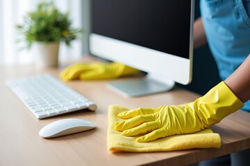 A person wearing yellow rubber gloves diligently cleans a computer monitor and desk space, ensuring a tidy and organized work environment in a bright indoor setting.