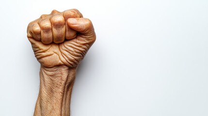 Elderly hand with clenched fist on white background showcasing strength and resilience with ample copyspace for text or design elements