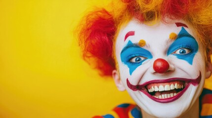 Vibrant joyful clown with colorful makeup and bright hair against a yellow background featuring ample empty space for text overlay