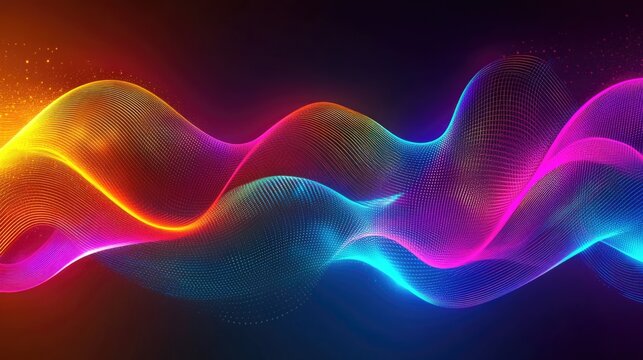 Vibrant neon abstract background with dynamic illuminated curves and waves ideal for text overlay and creative projects.