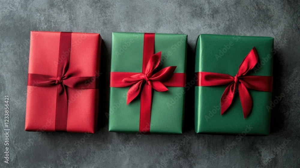 Poster festive top view of wrapped gift boxes in red and green with ribbon on grey stone background ideal f