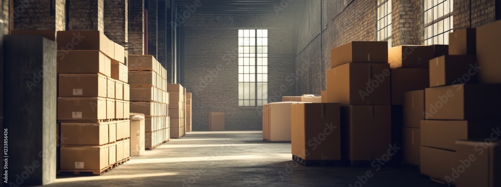 Poster warehouse interior with stacked cardboard boxes and ample empty space for text or advertising, illum