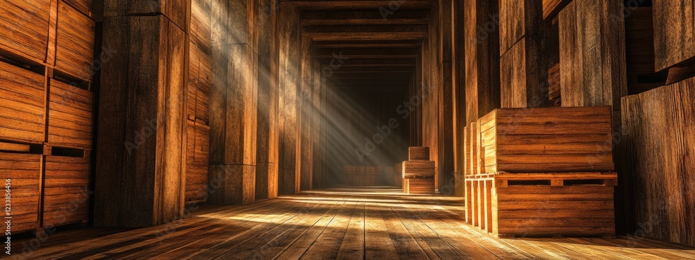 Poster warehouse corridor featuring wooden cargo stacks and empty copy space for text enhancement and marke