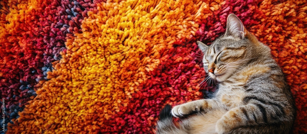 Poster top view of a sleeping cat on a colorful carpet with copy space for text showcasing a cozy and vibra