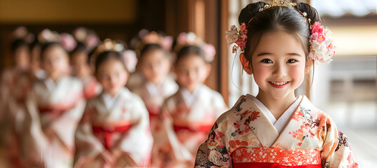 Obraz premium A Japanese Shichi-Go-San where the children's kimonos are made of floating silk that changes color with their emotions, creating a visual symphony of light and fabric