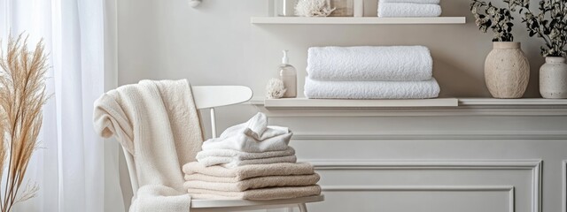 Stylish white chair beside shelves displaying folded sweaters and towels with minimalist decor and ample copy space for customization