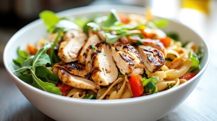 Wholemeal pasta salad with grilled chicken and fresh greens served in a white bowl, garnished with diced vegetables and herbs.