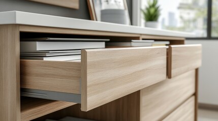 Organized office drawers displaying neatly arranged files and papers in a professional workspace with ample empty space for text insertion