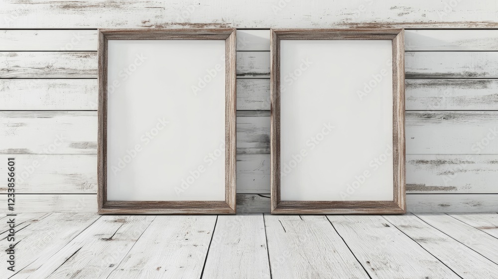 Aufkleber two empty rustic picture frames on a whitewashed wooden wall perfect for showcasing artwork or photo