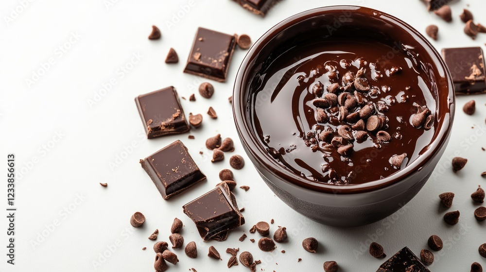 Aufkleber rich dark chocolate syrup in a bowl surrounded by chocolate squares and chips on a white background 
