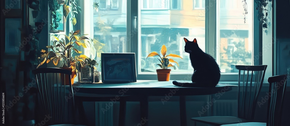 Poster cat sitting on a table by the window with plants, creating a serene atmosphere and inviting space fo