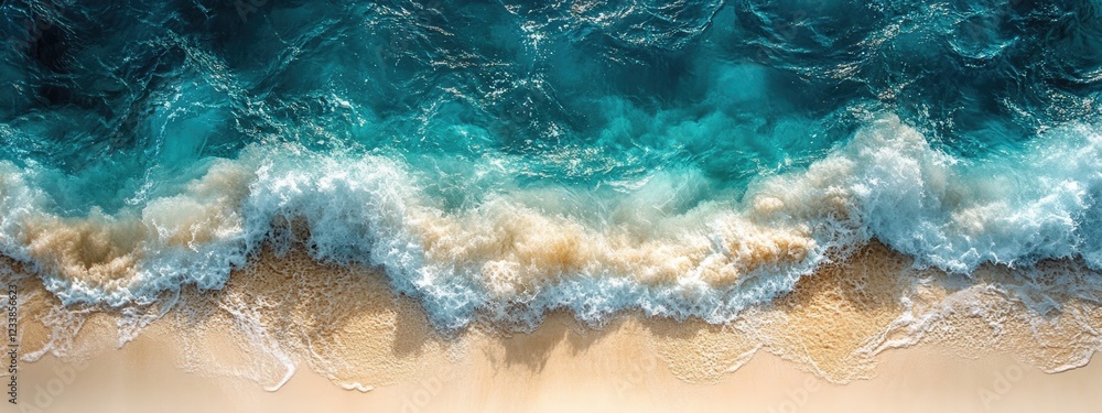 Poster turquoise ocean waves crashing on a serene white sand beach with empty space for text and advertisem