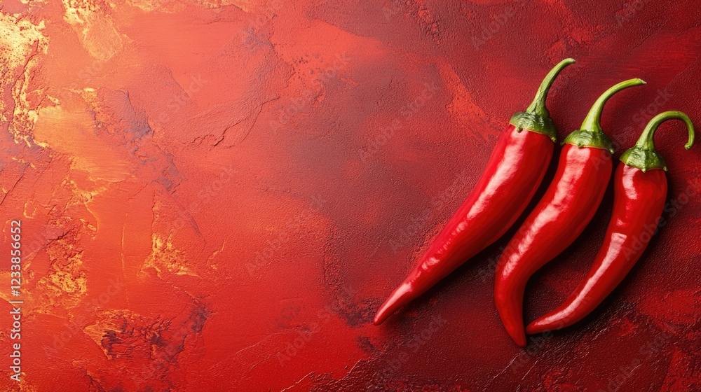 Poster fresh red chili peppers arranged on textured red background with copyspace for culinary, recipe or f