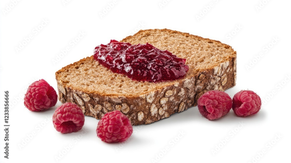 Poster wholemeal bread slice topped with raspberry jam and fresh raspberries on a white background