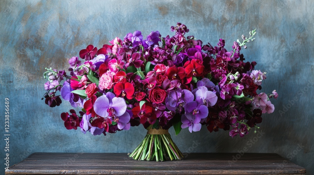 Poster Elegant arrangement of purple and red orchids in a striking bouquet on rustic wooden table against a textured backdrop
