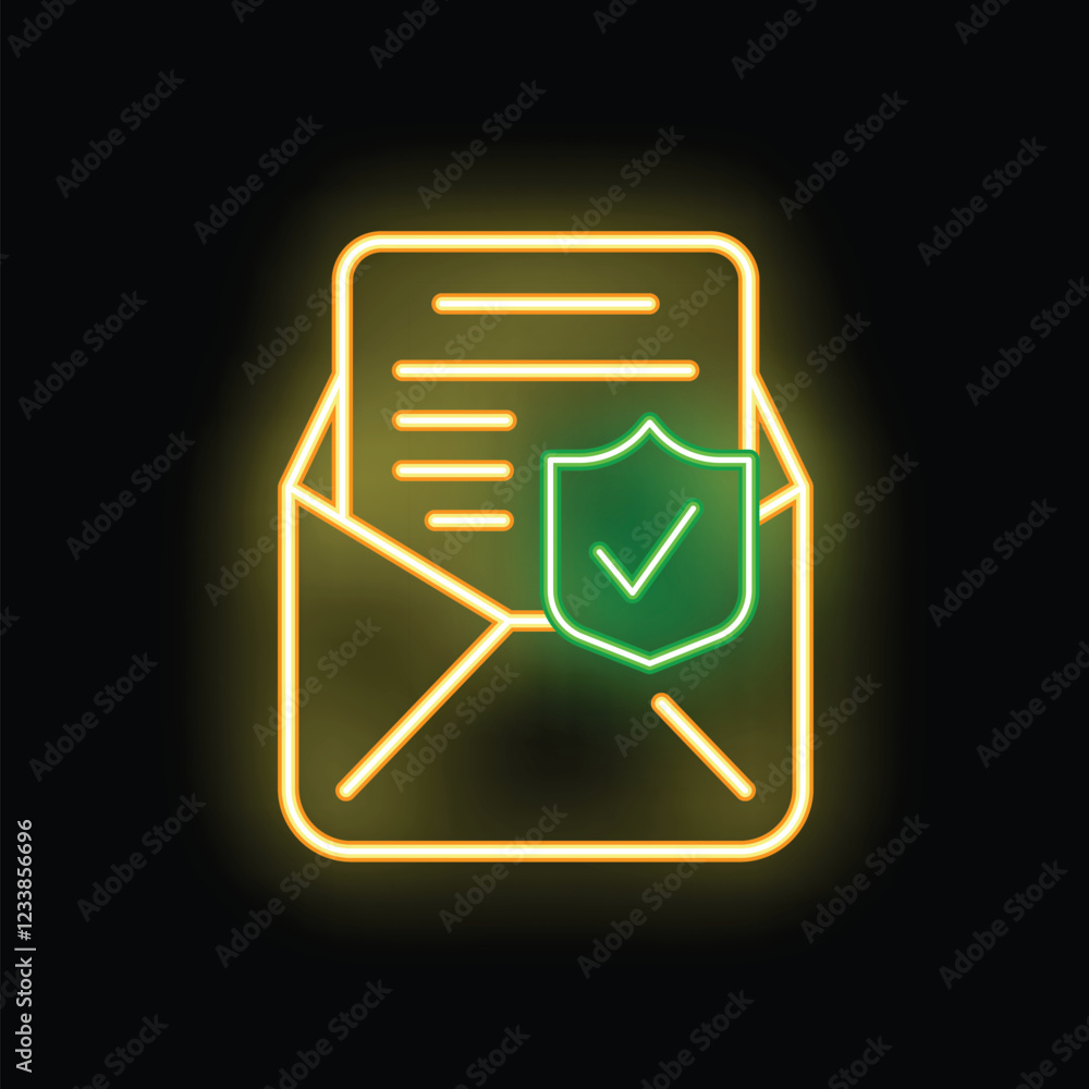 Poster neon icon of open mail envelope with document and protection shield with check mark