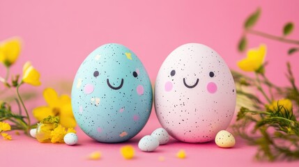 Cheerful Easter egg characters with happy faces surrounded by flowers on a vibrant pink background celebrating the festive season.