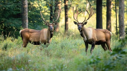 Wild reindeer and moose in a lush green forest wildlife sanctuary showcasing summer beauty and thriving wildlife in natural habitat
