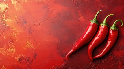 Fresh Red Chili Peppers Arranged on Textured Red Background with Copyspace for Culinary, Recipe or Food Related Design