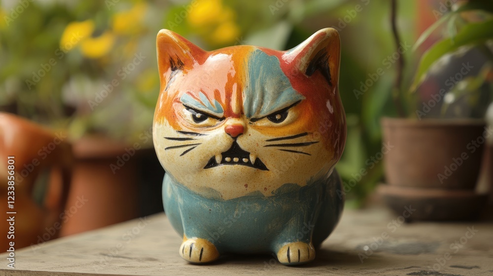 Aufkleber ceramic cat doll toy with vibrant colors showcasing an anxious and angry expression in a botanical s