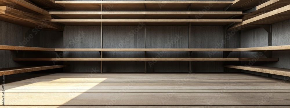 Poster warehouse interior with shelving management system and ample empty space for e-commerce text and pro