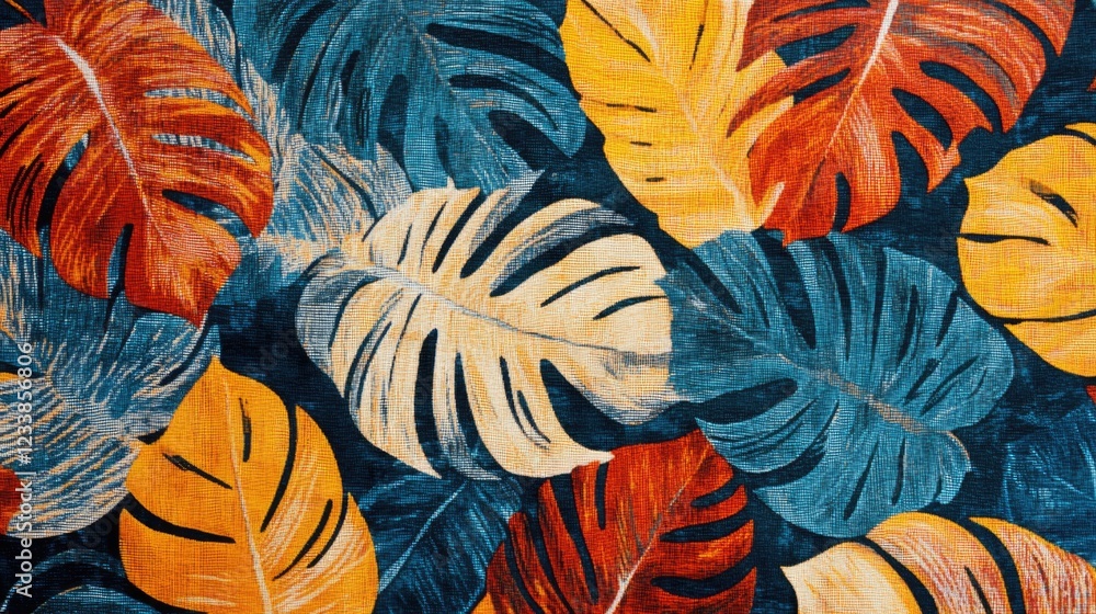 Poster vibrant tropical leaf pattern with rich colors and unique textile texture offering ample empty space