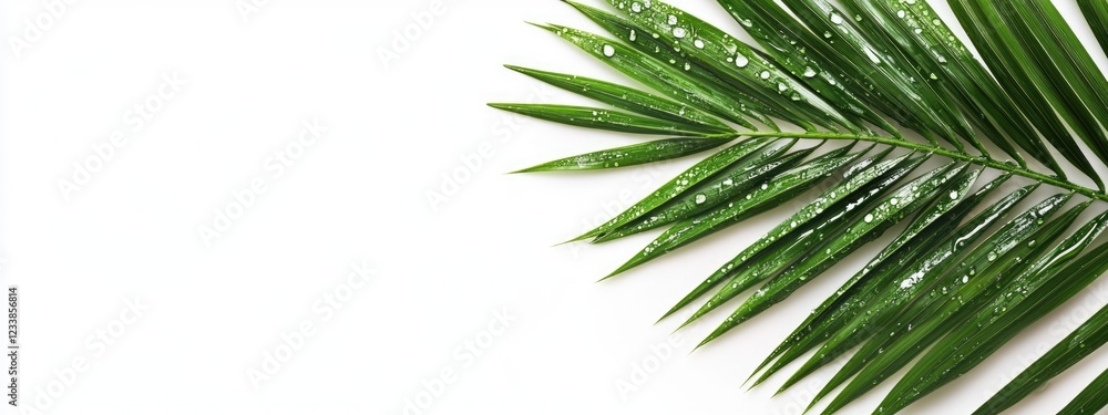 Aufkleber wet palm leaf adorned with raindrops against a clean white background ideal for adding text or promo
