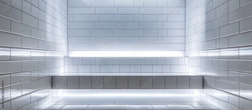 Poster contemporary bathroom featuring white gloss rectangular tiles with backlighting and ample empty spac
