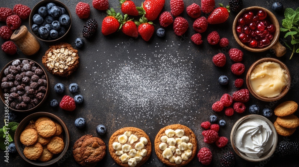 Poster ingredients and baked goods arranged for dessert preparation with copyspace for text showcasing a va