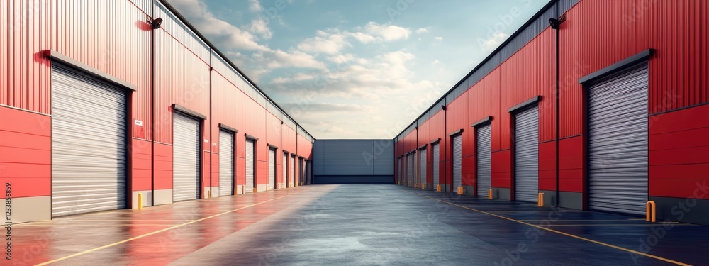 Poster warehouse operations with red shipping containers and delivery area providing empty space for custom