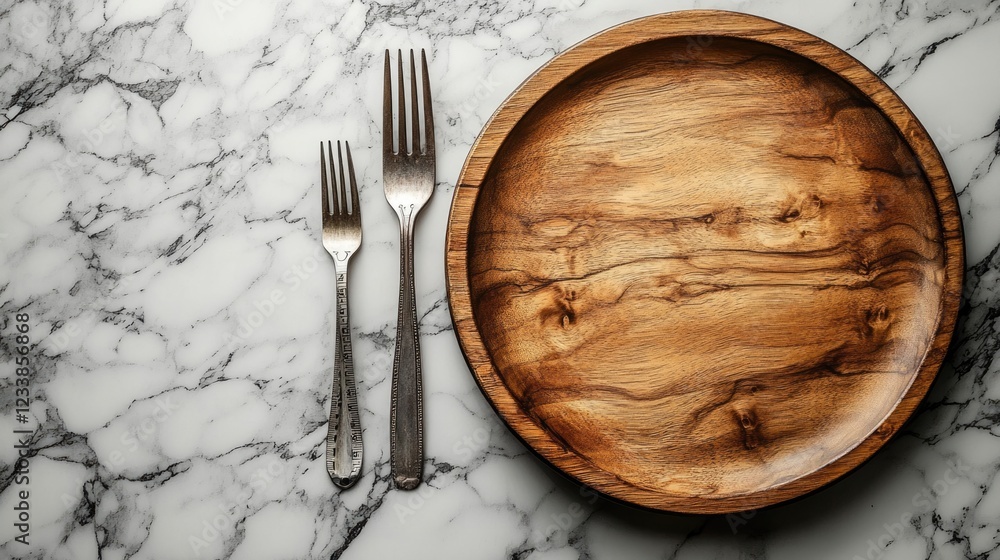 Aufkleber empty wooden plate on marble surface with fork and knife showcasing copyspace for culinary presentat