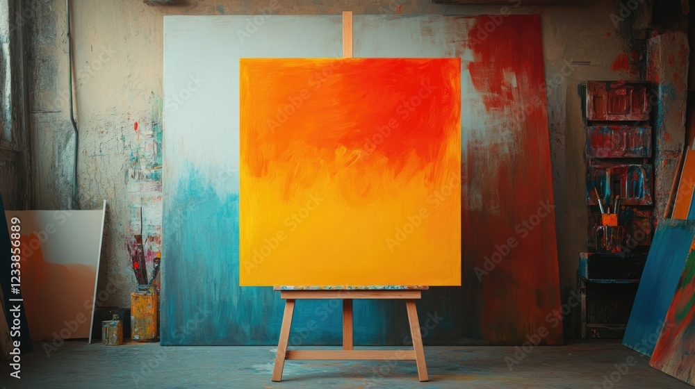 Poster vibrant abstract art in modern studio setting with blank canvas and colorful background for creative