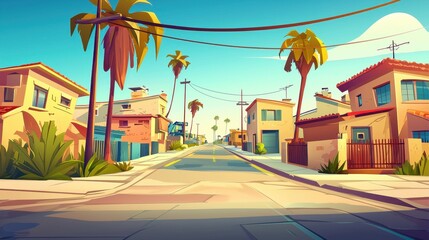 Obraz premium Sunny Street Scene With Palm Trees And Houses