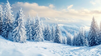 Winter mountain landscape covered in fresh snow with tall evergreen trees and a clear sky perfect for seasonal promotions or holiday themes