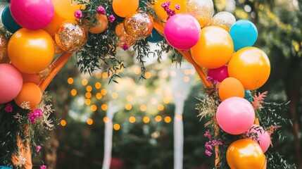 Festive wedding arch adorned with colorful balloons and floral decorations providing ample empty space for text and messages