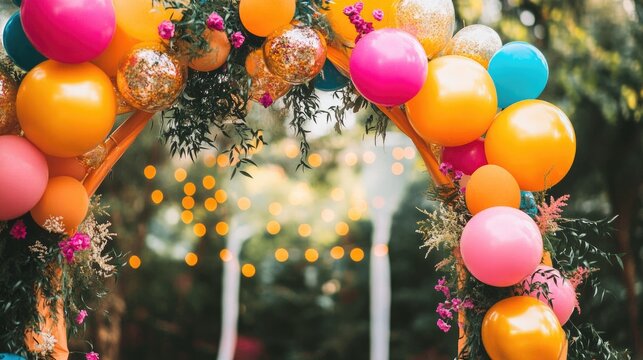 Festive wedding arch adorned with colorful balloons and floral decorations providing ample empty space for text and messages