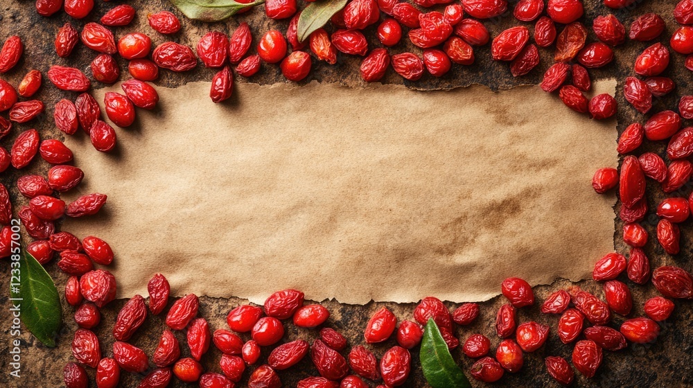 Aufkleber top view of dried goji berries framed by fresh leaves and blank space for text background