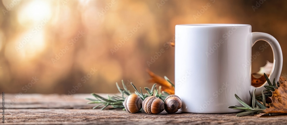 Poster white mug surrounded by acorns and rosemary on wooden surface with autumn leaves and ample empty spa