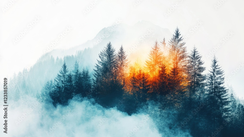 Poster vibrant double exposure nature scene with trees and fog creating a serene backdrop ideal for text ov