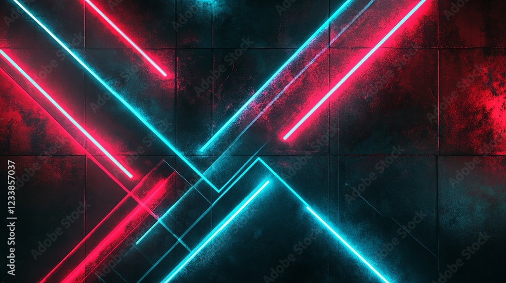 Aufkleber a bold geometric composition with neon red and cyan lines intersecting on a textured black backgroun