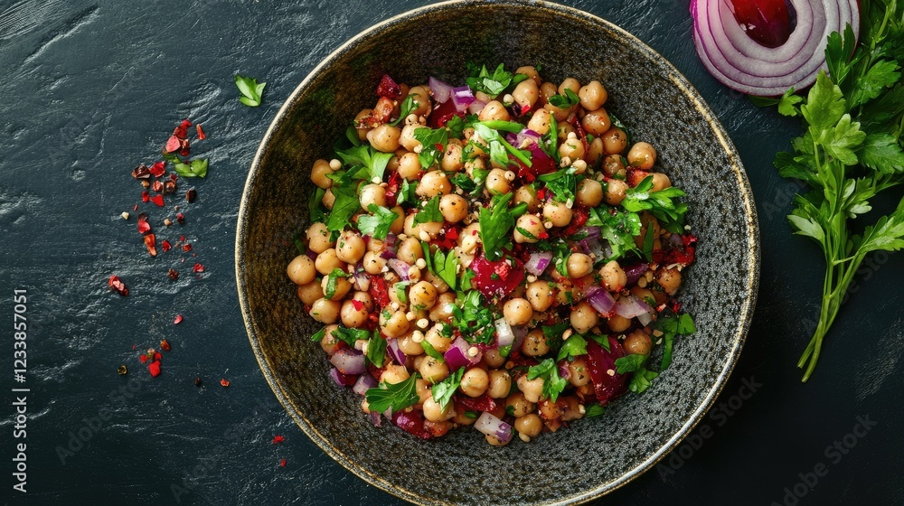 Aufkleber chickpea salad with fresh parsley and red onion on a dark stone background showcasing vibrant colors