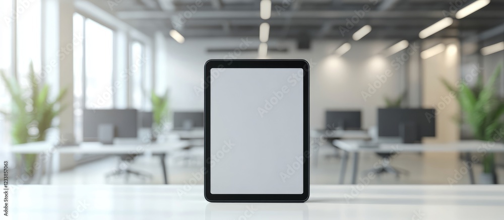 Aufkleber Black Tablet on White Desk in Modern Office Space with Empty Desks and Copyspace for Text Ideal for Virtual Technology Concepts and Innovations