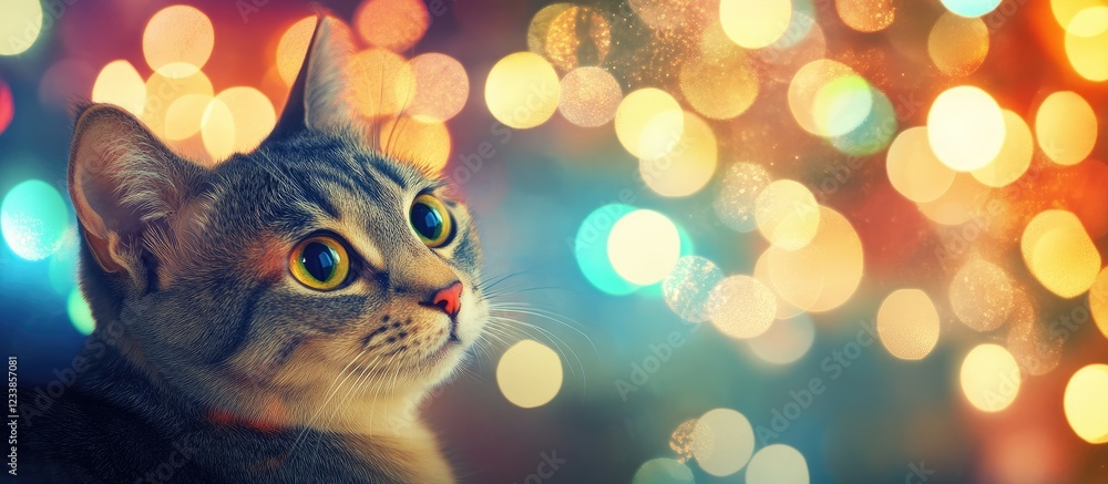 Poster colorful blurred motion lights texture with cat looking curiously in the background ideal for text o